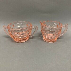 Jeanette Cube Depression Glass Pink Clear Creamer Mini Open Sugar Bowl